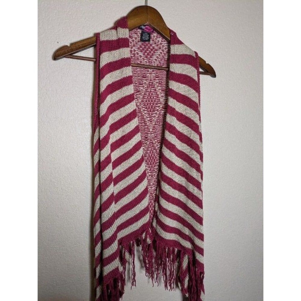 Maroon Cream Knit Fringe Waterfall Vest Size Small Medium Boho Western Hippie